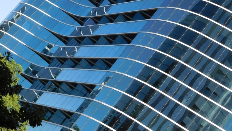 Detail of the glass exterior at 4275 Executive Square